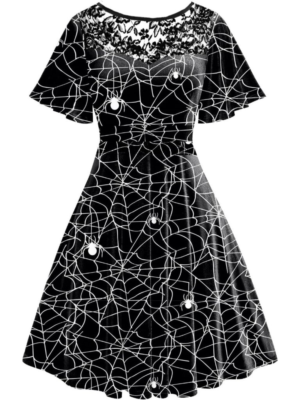 Women Halloween Dress Lace Flutter Sleeve A-Line Party Dresses-Cobweb Black
